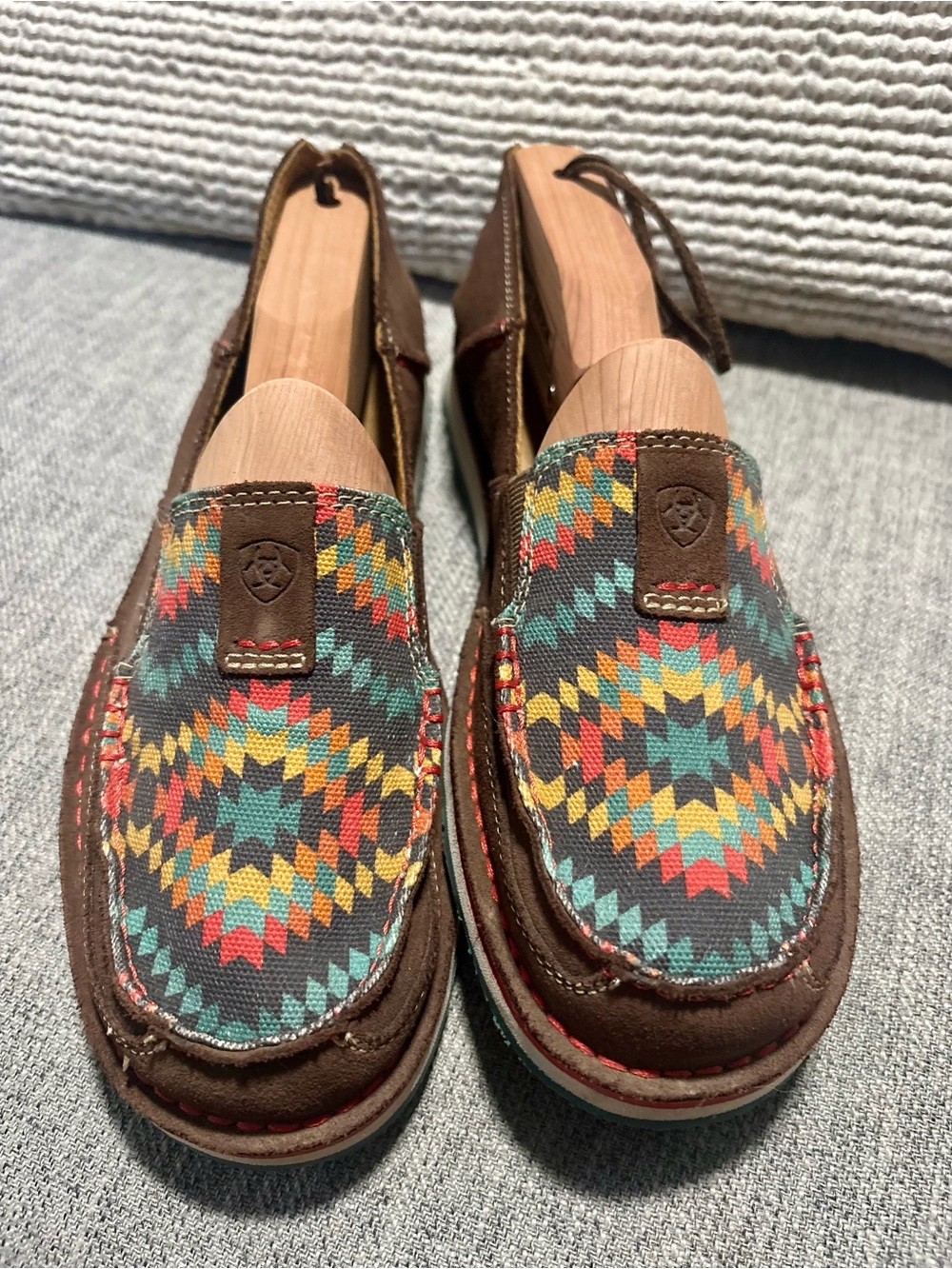 Ariat Brown Slip-On Loafers with Multicolor Aztec Pattern